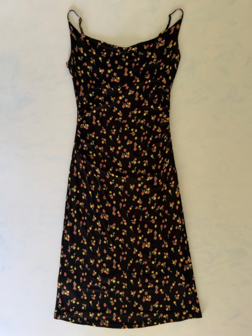 Bebe Vintage Black Floral Print Cowl Neck Midi Dress